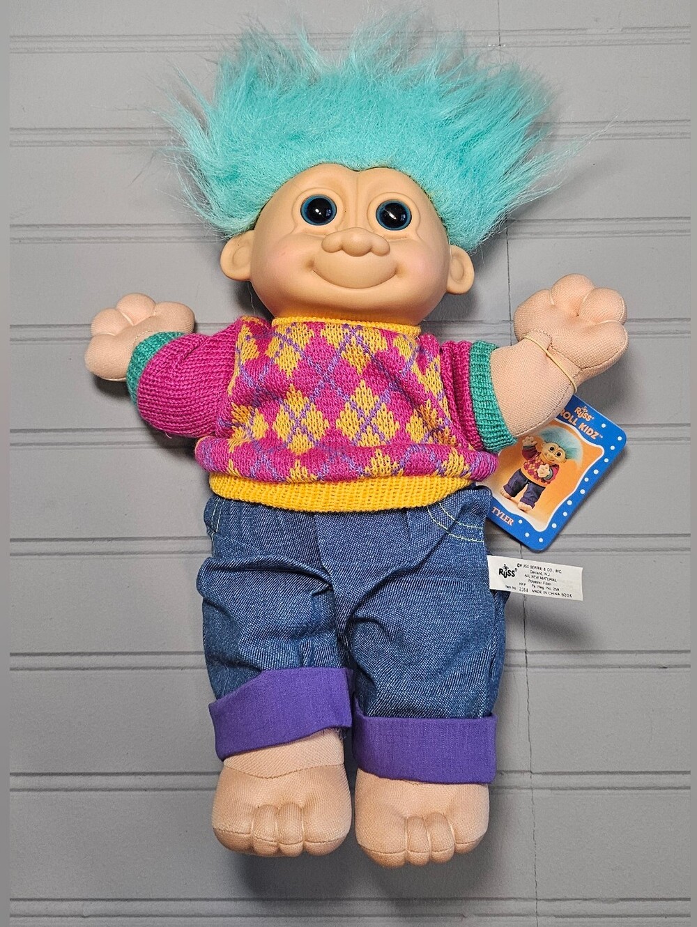 VTG 90s Russ Troll Kidz Tyler Plush Doll Turquoise Teal Hair Argyle NWT